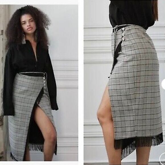 Dylan Lex Wrap Midi Skirt Black Plaid Fringe Trim Preppy Asymmetric Size Small - Picture 2 of 9